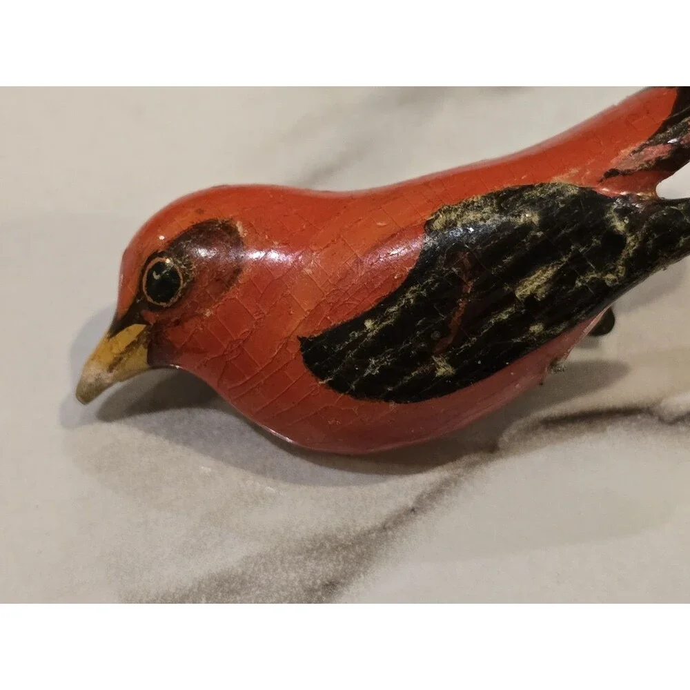 Vintage Hand Painted Red Bird Brooch Wood Bird Pin Folk Art Cardinal Style #1353